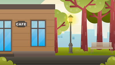 Urban Serenity: Flat Design Cafe & Park Scene Illustration graphic design