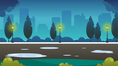 Night City Park: Atmospheric Flat Design Illustration rainy scene
