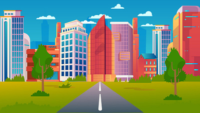 Vibrant Cityscape: Modern Flat Design Urban Landscape Illustrati downtown scene