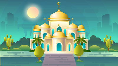 Golden Mosque: Flat Design Islamic Architecture Night Scene spiritual building