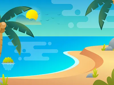Sunny Beach Day: Flat Design Tropical Paradise Illustration ocean view