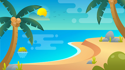 Sunny Beach Day: Flat Design Tropical Paradise Illustration ocean view