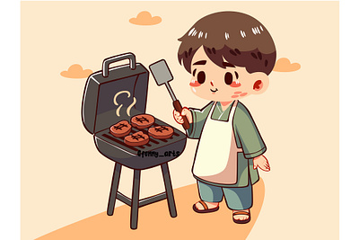 Cartoon Boy Cooking Meat on a Grill appetizer bbq cartoon celebration cuisine delicious enjoy entertainment family friend fun gathering grill grilled kids meat party picnic smoke tasty