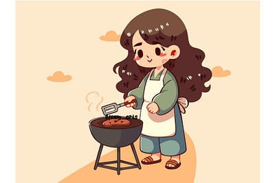 Cartoon Girl Cooking on a Grill appetizer bbq cartoon celebration cuisine delicious enjoy entertainment family friend fun gathering grill grilled kids meat party picnic smoke tasty