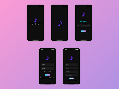 ✨ Playful Music APP UI Design app design dark theme figma figma design loading page login page register page music app neon colors ui