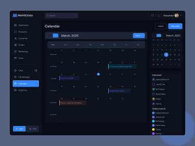 Dashboard Design - Calander Page calendar ui clean design colorful ui dark mode dashboard dashboard design date picker event calendar glassmorphism interface design meeting scheduler minimal ui modern ui product design schedule planner task management time management typography uiux web app