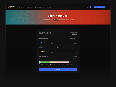 DeFi Lending Experience borrow borrow ui clean crypto dashboard defi lending makerdao web3