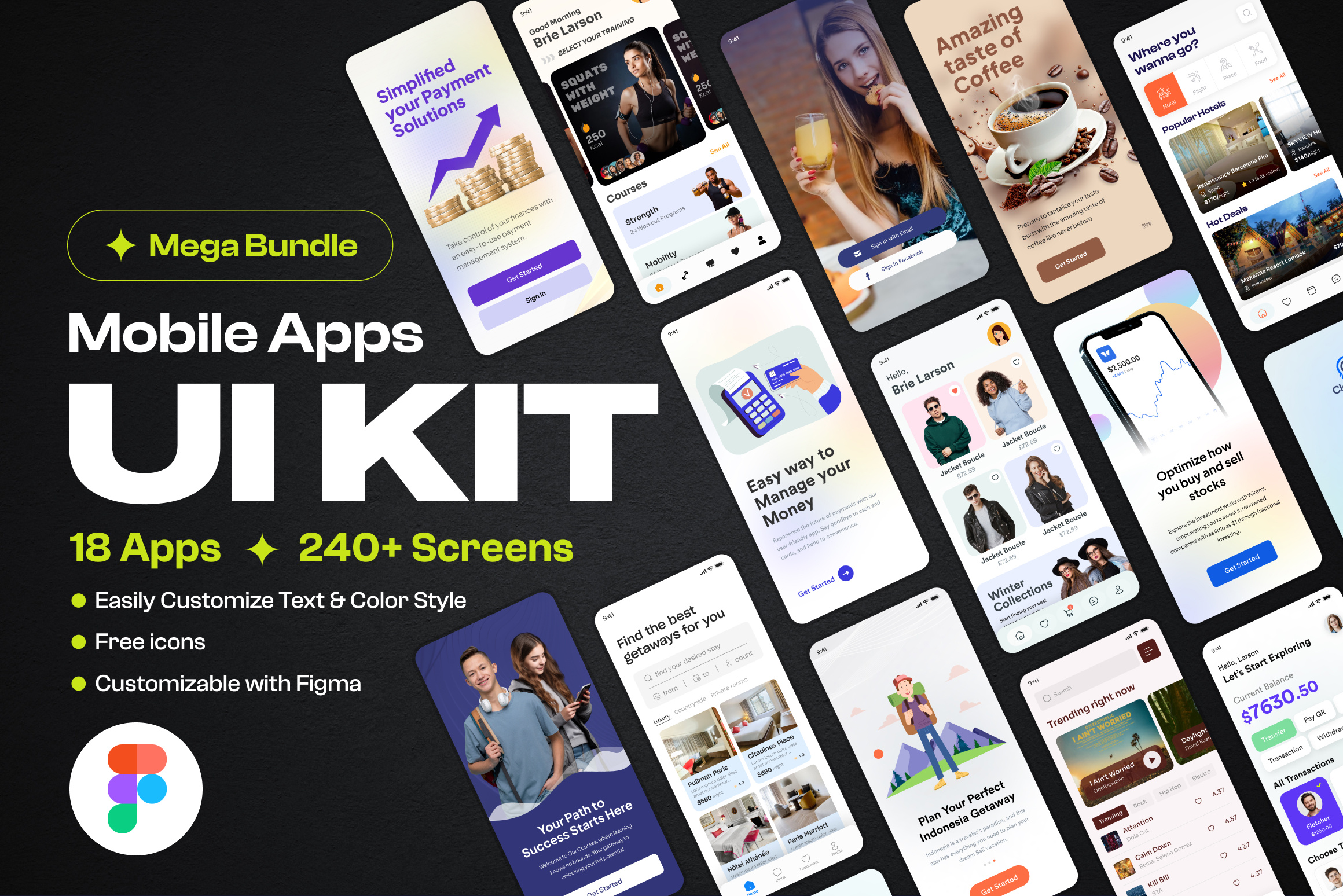 Mobile App Figma UI Kit Mega Pack booking app coffee shop app crypto currency app crypto wallet app ecommerce app fashion product app figma ui kit fitness workout app grocery app hotel booking app hotel flight app hotel suite app market investment app mobile app figma music streaming app online course app payment finance app trading stock app travel trips app ui kit mega pack