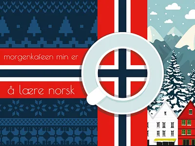 Winter Postcard: My morning coffee is learning Norwegian branding coffee cozy design flag flat graphic design hygge illustration inspiring landscape mountains norge norsk norway post postcard print vector winter