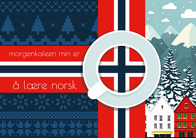 Winter Postcard: My morning coffee is learning Norwegian branding coffee cozy design flag flat graphic design hygge illustration inspiring landscape mountains norge norsk norway post postcard print vector winter