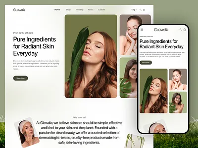 Glowdia - Skincare Landing Page Design beauty cosmetology dermatologist ecommerce landing page minimal natural glow natural products oripio personal care product responsive design self care skin skin care woman beauty