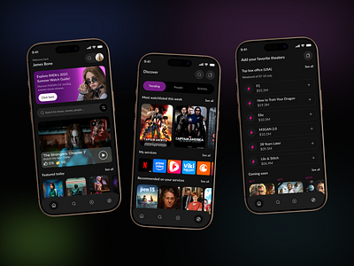 Entertainment mobile app andriod animation app app design app interaction cinema dark theme design design ui entertainment ios mobile mobile app motion movie online stream streaming ui ux