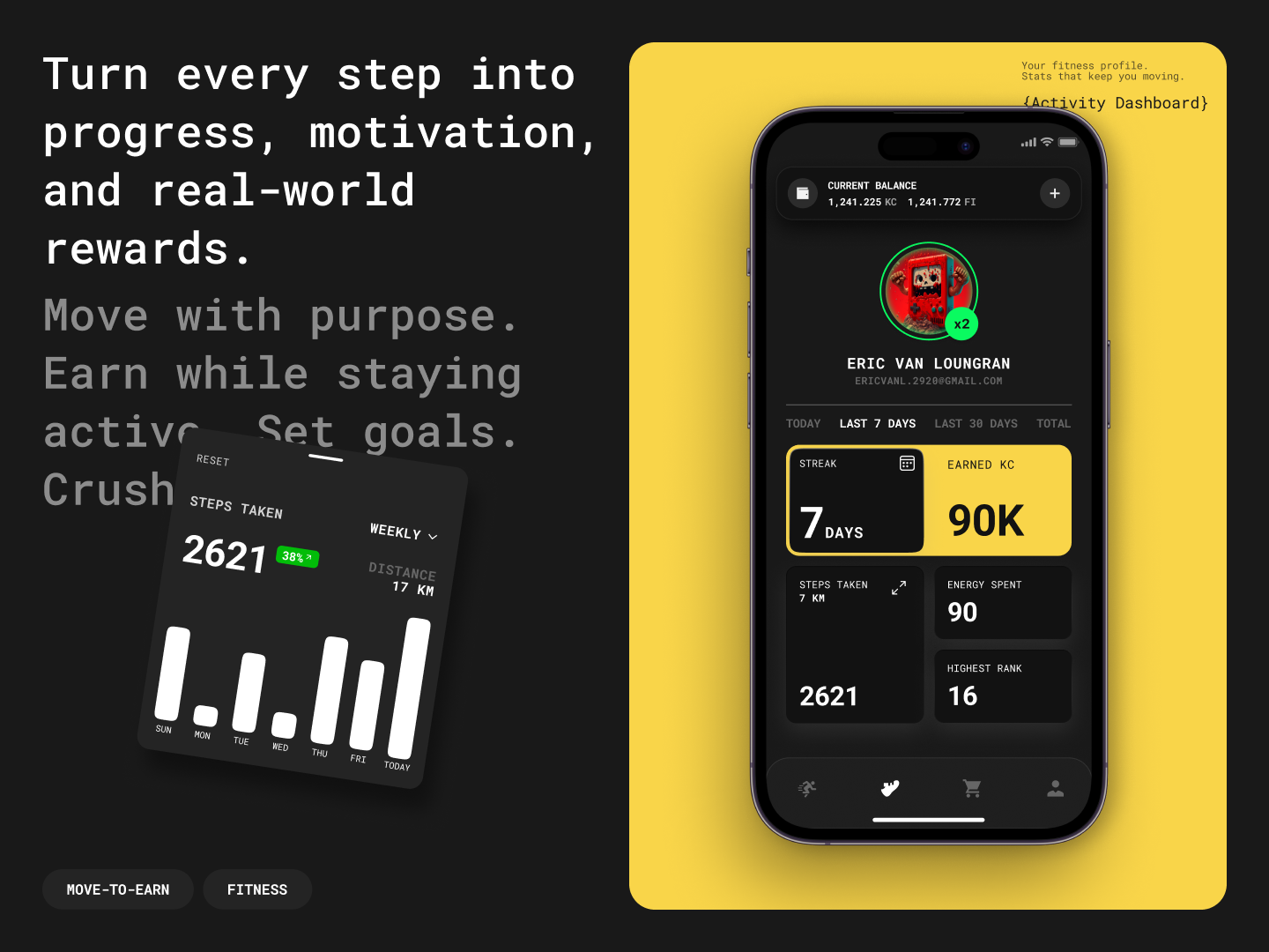 Step App – Move to Earn Fitness App crypto daily ui dark mode dashboard design fitness fitness app health mobile app move to earn nft profile progress statistics tracker ui ux uxui walking app web 3