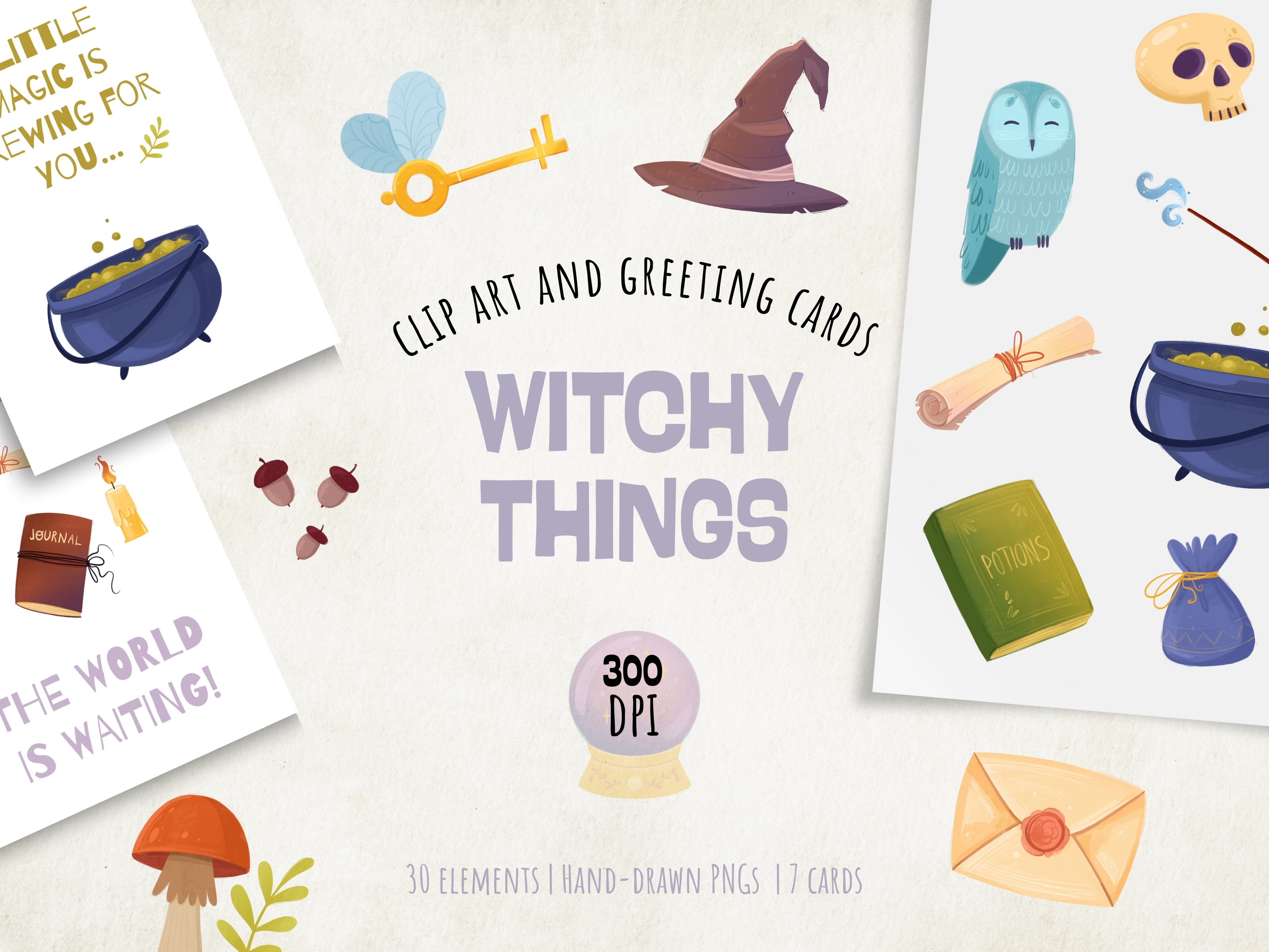 Magical Clip Art Collection: 30 PNGs + 7 Bonus Cards children illustration clipart bundle cute png elements digital stickers enchanted graphics fairy tale graphics fantasy clipart fantasy elements hand drawn clipart kids clipart magic clipart magical illustrations potion clipart printable magic art whimsical illustration wizard clipart