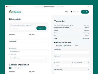DeltaBiome - Checkout Page UI checkout clean ui coupon ui credit card e commerce fields ui figma form ui interface minimal ui order ui payment payment method product ui uidesign ux uxdesign webdesign