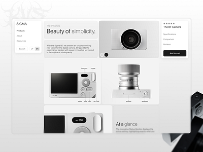 SIGMA BF Product Page Re-Design bento bento grid camera e commerce gradients grey tones minimalism physical product product details page product page re design sigma bf simplicity ui ux web store