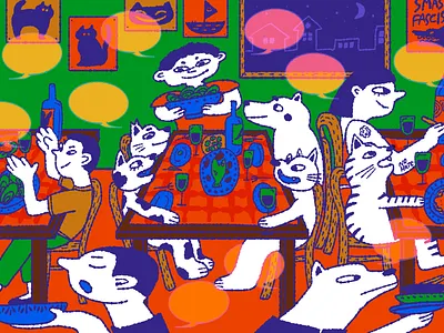 Friday Night cat design dinner editorial illustration food graphic design illustration italy people restaurant wine