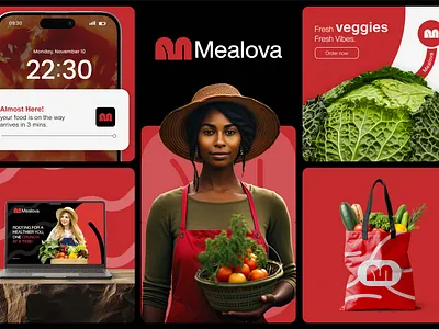 Melova Fresh Food & Vegetable App Branding Kit app design bag design brand book brand guidelines brand identity brand identity design brand mark branding branding kit food food logo graphic design instagram post logo logo design packaging design social media post website design