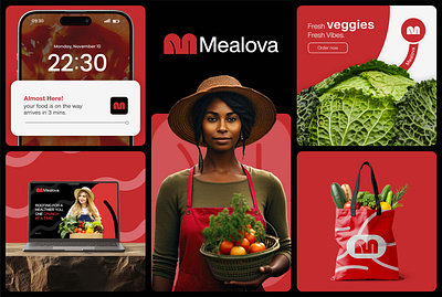 Melova Fresh Food & Vegetable App Branding Kit app design bag design brand book brand guidelines brand identity brand identity design brand mark branding branding kit food food logo graphic design instagram post logo logo design packaging design social media post website design