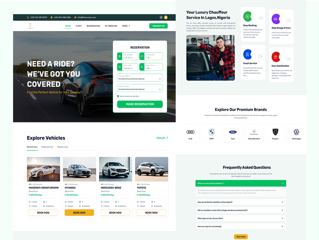 Car Rental Website landing Page booking system car rental clean ui design green color landing page luxury cars minimal design modern design product design responsive design travel app ui ui design ui ux user interface ux design vehicle rental visual design web design
