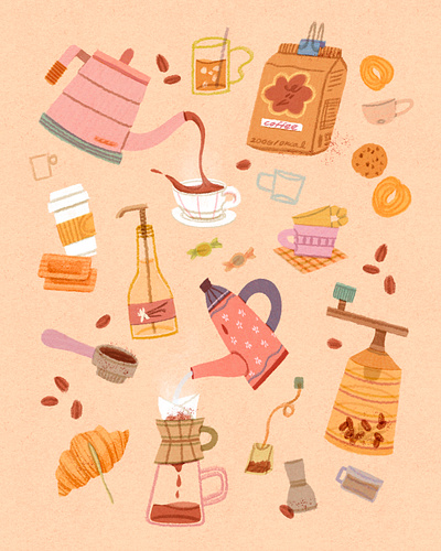 Brewing Coffee,,, Do Not Forget Croissants! art artwork beans cafe coffee cookie croissant design dessert food grinder illust illustration ipad kettle menu photoshop syrup tweetyheather water