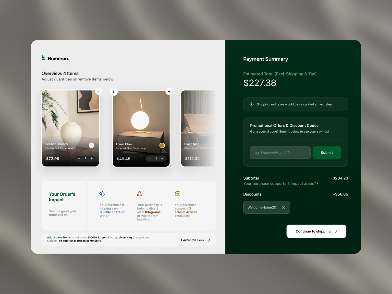 Product Checkout Flow • Sustainable E-Commerce UI billing checkout clean design confirmation page e commerce eco friendly green living home goods minimalist ui modern ui online store order summary payment flow shipping shopping cart sustainable ui design user experience ux design web design