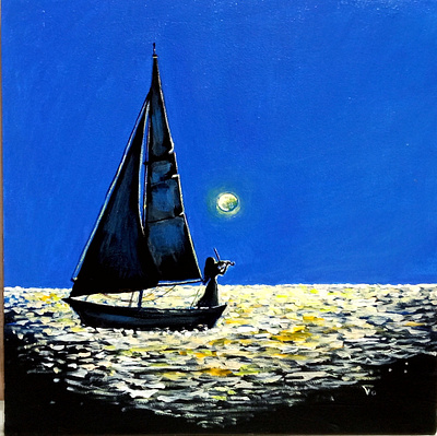Original Painting Ukraine, Minimalism Boat Girl Art, Moonlight art hand painted moonlight violinist night painting ukraine woman