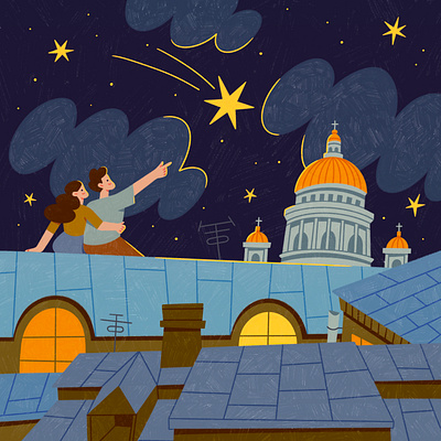 Rooftops character character design couple illustration night procreate roof star
