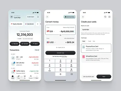 ECCE - Fintech Mobile Banking App app bank banking card convert credit currency debit finance fintech mobile money paypal physical revolut transaction transfer ui virtual wise