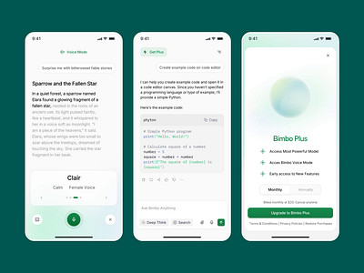Bimbo - AI Mobile ai ai assistant app card ui chat chatbot interface clean digital icon button internet mobile mobile design modern smartphone tech technology ui ux voice assistant voice interaction