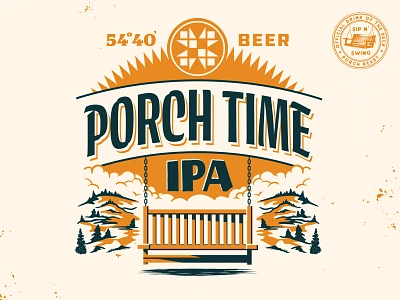 Porch Time IPA badge beer beer label branding brewery clouds craft beer design hills illustration label landscape logo packaging porch summer sun swing type vintage