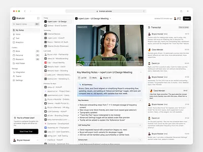 BrainJot - AI Note Taking Dashboard ai ai note taking ai summary artificial intelligence assistant clean dashboard dashboard design design note taker note taking product design productivity dashboard summary transcript ui ui design uiux uiux design ux