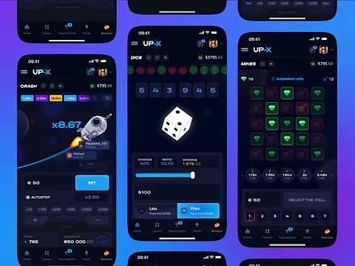 UP-X – Mobile Gaming animation betting case casino crash dice game design game interface illustration jackpot lottery mines mobile app online platform product design roulette slots uiux web design