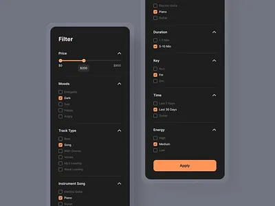 Beatpulse project (filter section) dark darkmode music ui ux web