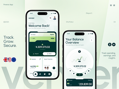 Venzer. - Finance Mobile App app bank banking clean design digital digital bank e wallet finance finance app financial fintech invest manage mobile mobile app money saving ui wallet