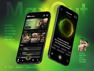 MaxOut - Revolutionizing Fitness Through Smart App Design ai app ai fitness ai fitness coach ai fitness companion app design application artificial intelligence figma fitness fitness app fitness club fitness tracker gym gym app ios minimal mobile product wellness app workout app