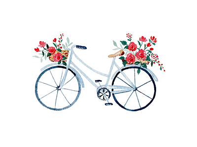 Bicycle with Flower Basket Watercolour bicycle blue and red blue bike botanical branding design illustration logo red flowers watercolor watercolor bicycle watercolour watercolour bike watercolour flowers