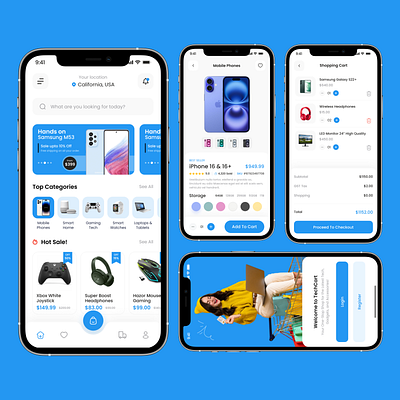 Electronics Store App appdesign appinterface cleanui ecommerceapp electronicsstore figmadesign minimaldesign mobileappdesign onlineshopping productcard shoppingapp techapp uiux userexperience uxdesign