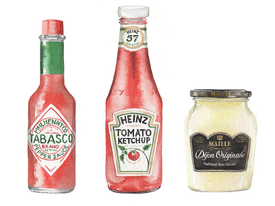Watercolour Condiments Collection bottle branding condiments design glass bottle glass jar hand painted illustration ketchup mustard objects still life tabasco watercolor watercolour