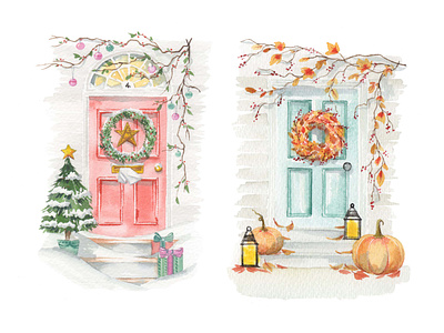 Seasonal Front Doors Watercolour branding christmas card design door family front door hand painted illustration seasonal watercolor watercolour