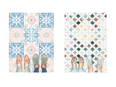 Stand By Me Watercolour Friendship and Valentines Cards branding card design feet greetings card illustration pattern standing on tiles tile tile pattern tiles valentines valentines card watercolor watercolour