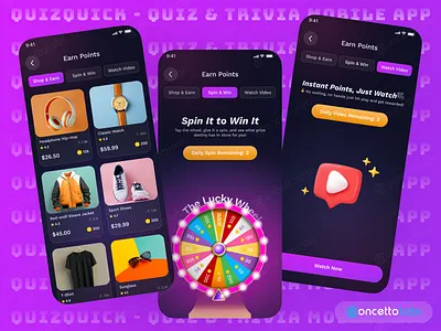 🎯 QuizQuick - Quiz & Trivia Mobile App | Gamified Reward Experi animation appui creativedesign dribbbleshots graphic design mobileappdesign quizapp quizappdesign quizquick rewardapp shoppingappui spinandwin spinwheel ui uiuxdesign