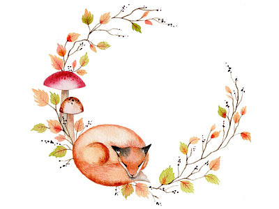 Autumnal Fox Watercolour Wreath autumn autumn leaves botanical branding card design design fox hand painted illustration mushroom toadstool watercolor watercolour watercolour flowers wreath