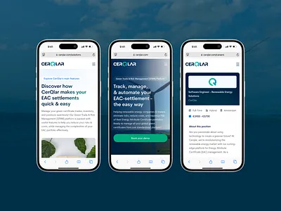 CerQlar - SaaS Platform Website Mobile UI careers clean ui design green energy hero section hero ui homepage minimal ui mobile mobile ui mockup modern ui renewable energy responsive ui design ux design uxui web website design website ui