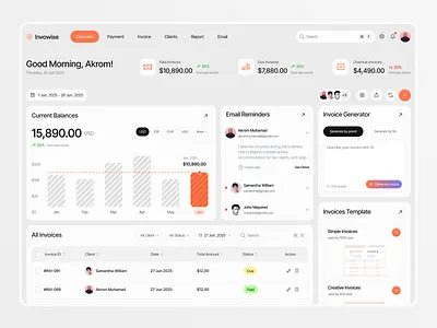 Invowise – Smart Invoice & Finance Dashboard UI ai ai invoice generator balance chart client dashboard filter finance invoice modern monthly neuvilabs paid payment prompt report smart sme