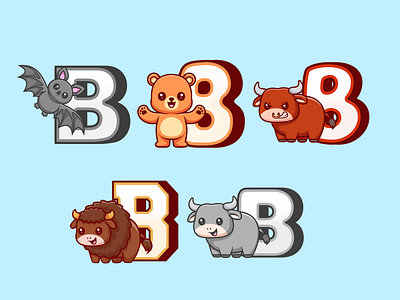 B Alphabet Animals🦇🐻🐃 alphabet amimals bat bear branding buffalo bull cartoon character cow cute doodle flat font icon illustration letter logo text typhography