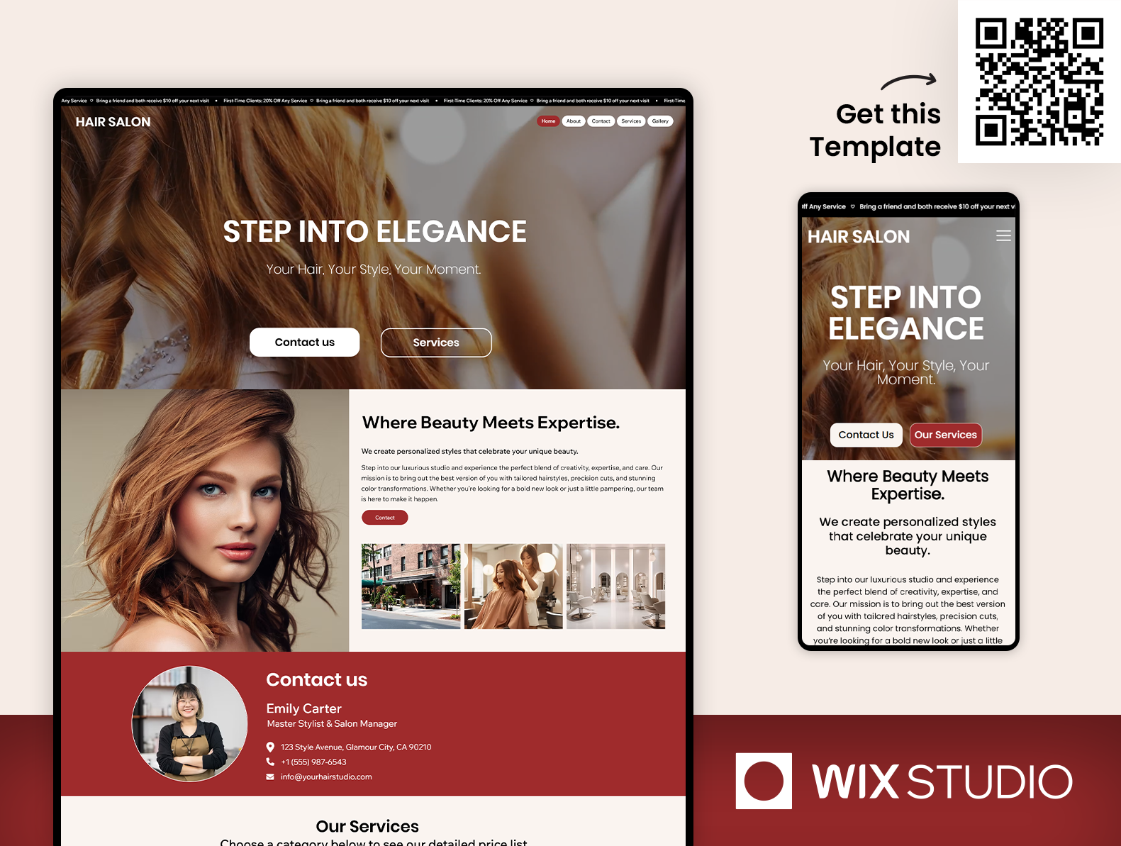 Hair Studio - Wix Studio Website Template barbershop professional website beautiful website beautiful website template beauty salon template elegant salon website hair studio hair studio wix hair website design hair website template hairdresser website hairdressers website template luxury website red and gold website template salon webdesign webdesign for woman wix studio salon wix studio website hair wix studio website template wix template for salon women salon website