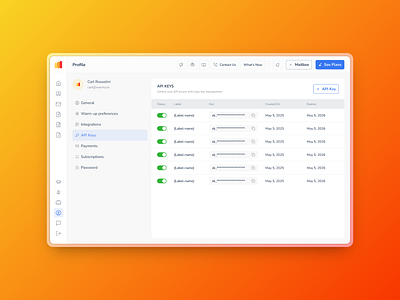 Warmy / Dashboard / API Keys branding ui