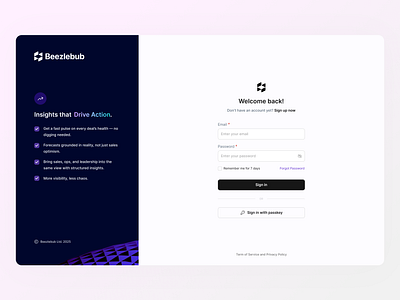 Enterprise-Grade Sign In Experience – Beezlebub authentication b2b product enterprise ui form design login ui minimal interface modern design passkey support sign in screen split layout ui design ux design
