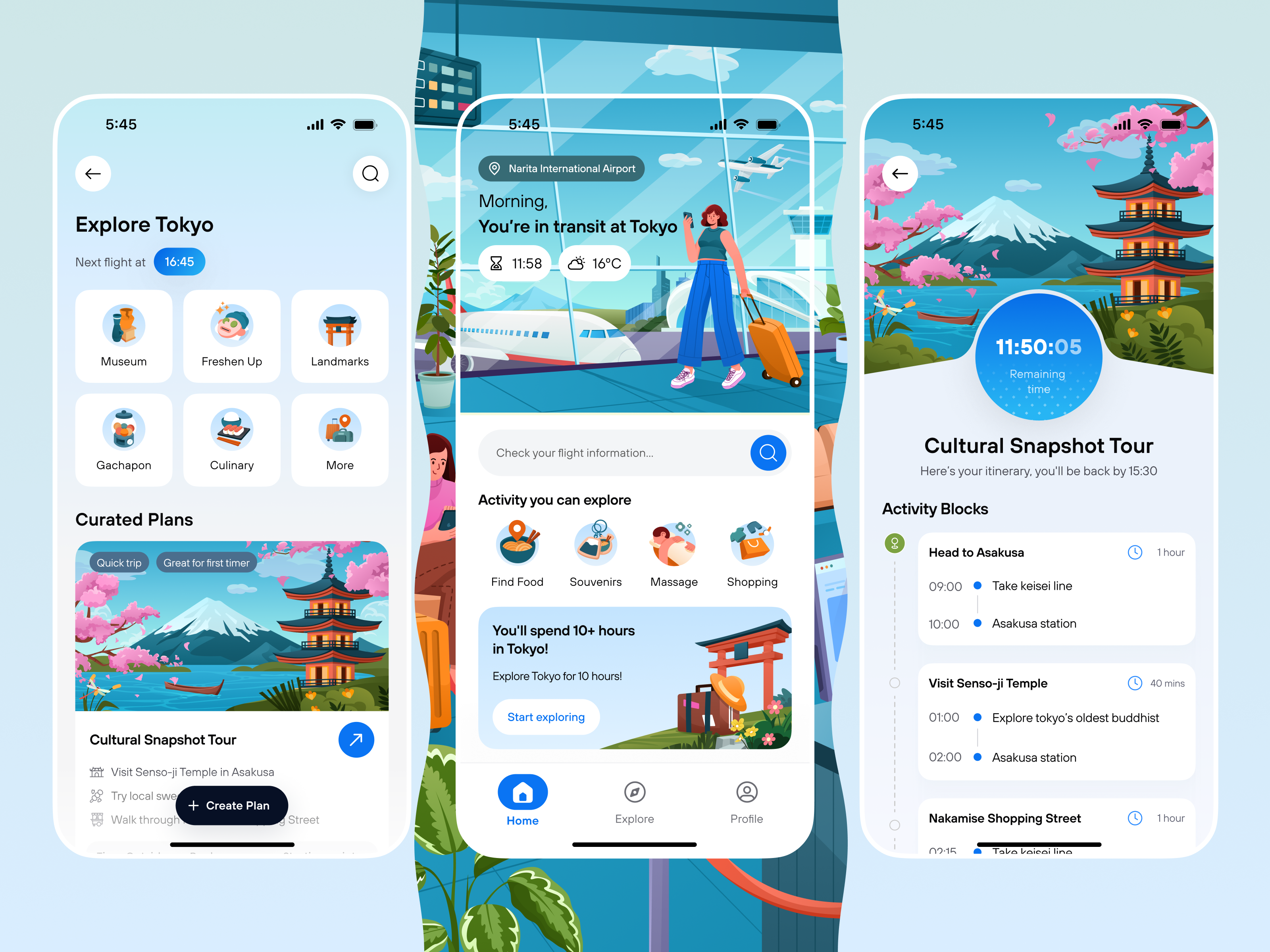 TransVenture - Layover Activity Suggestion App ✈️ airplane app design explore illustration itinerary layover minimal mobile modern orely planner tourism transit travel ui ux